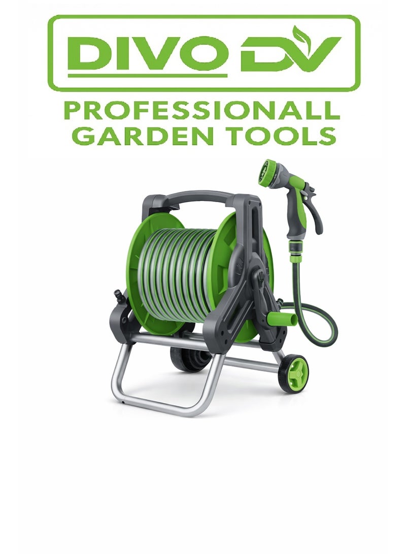 ديفو بكرة خرطوم مياه للحديقة احترافية مع خرطوم 1/2 بطول 20 متر + مسدس رش 7 أنماط – تصميم قوي قابل للحمل والتركيب الجداري – ماركة DIVO – الموديل DVO714-4 - Image 1