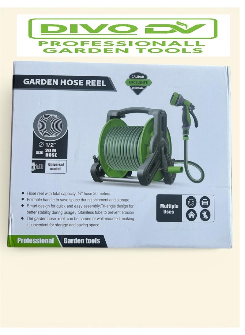 ديفو بكرة خرطوم مياه للحديقة احترافية مع خرطوم 1/2 بطول 20 متر + مسدس رش 7 أنماط – تصميم قوي قابل للحمل والتركيب الجداري – ماركة DIVO – الموديل DVO714-4 - Image 2