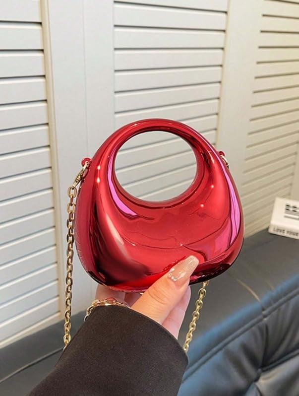 DOSYSO Women and Girls Moon Clutch Purse Metallic Acrylic Evening Handbag Crossbody Sling Bags With Detachable Chain Strap Glossy Stylish Latest Small Size Cute Wallet Party Wedding Gift Item (Red) - Image 3