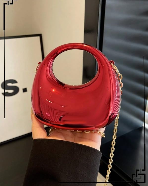 DOSYSO Women and Girls Moon Clutch Purse Metallic Acrylic Evening Handbag Crossbody Sling Bags With Detachable Chain Strap Glossy Stylish Latest Small Size Cute Wallet Party Wedding Gift Item (Red) - Image 2