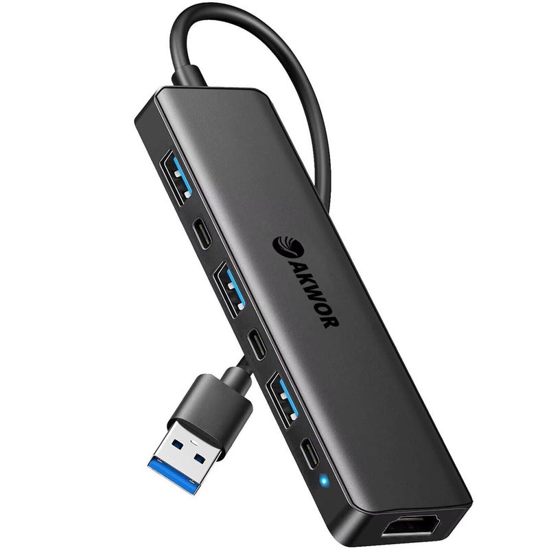 AKWOR محول USB 3.0 إلى HDMI، مركز USB 3.0 مع HDMI 1080P، منافذ بيانات وطاقة USB-A وC، محطة إرساء موسعة للشاشة، الكمبيوتر الشخصي، اللابتوب، دعم سطح المكتب لنظامي Windows 7/8/10 و Mac OS - Image 1