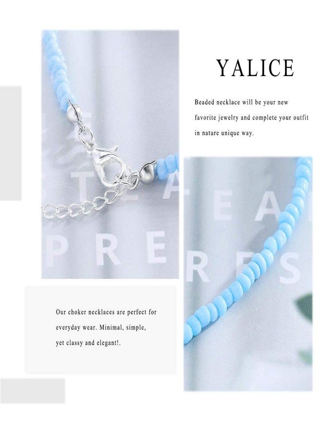 Yalice Boho Choker Necklace Chain Rice Beaded Necklaces Summer Surfer Costume Neck Accessories for Women (Blue) - Image 4