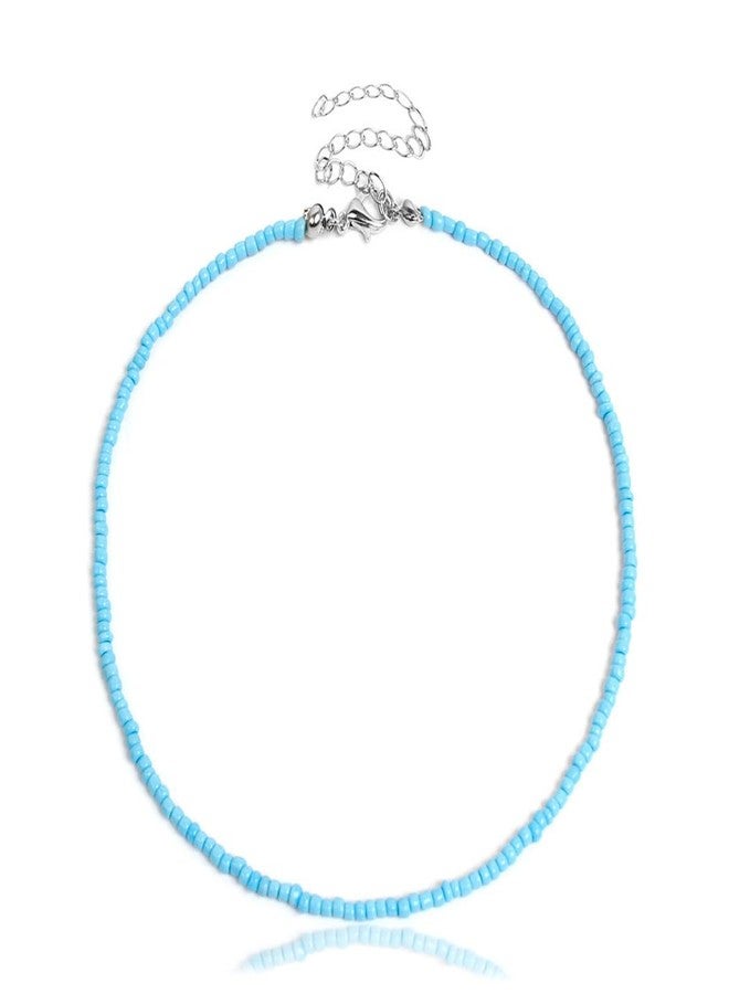 Yalice Boho Choker Necklace Chain Rice Beaded Necklaces Summer Surfer Costume Neck Accessories for Women (Blue) - Image 1