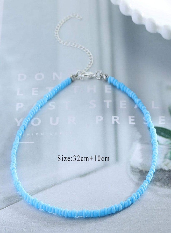 Yalice Boho Choker Necklace Chain Rice Beaded Necklaces Summer Surfer Costume Neck Accessories for Women (Blue) - Image 3