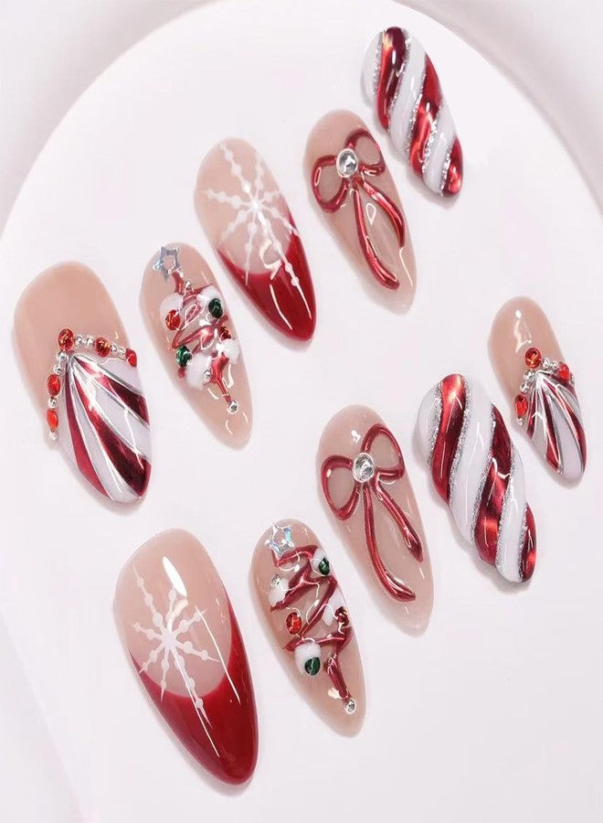 FDSQHSA 30pcs Christmas Press on Nails Medium Almond Fake Nails with 3D Christmas Tree Bow Stripe French Tip Pearl Rhinestones Design Winter White Snowflakes False Nail Xmas Full Cover Glue on Nails for Women - Image 1