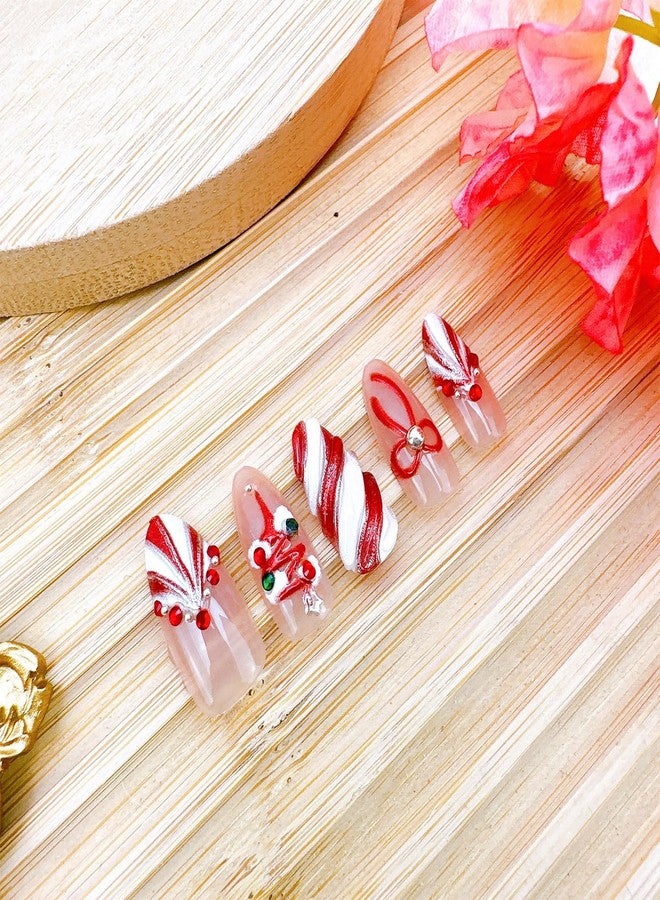 FDSQHSA 30pcs Christmas Press on Nails Medium Almond Fake Nails with 3D Christmas Tree Bow Stripe French Tip Pearl Rhinestones Design Winter White Snowflakes False Nail Xmas Full Cover Glue on Nails for Women - Image 4
