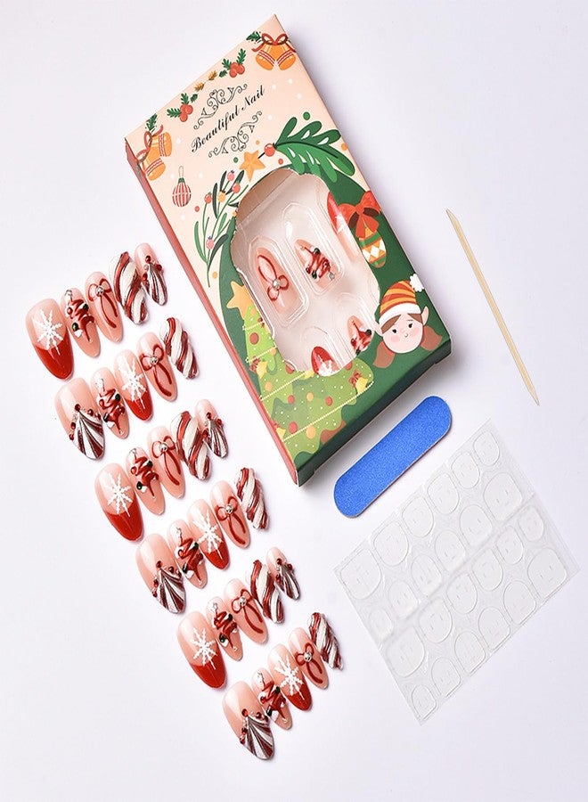 FDSQHSA 30pcs Christmas Press on Nails Medium Almond Fake Nails with 3D Christmas Tree Bow Stripe French Tip Pearl Rhinestones Design Winter White Snowflakes False Nail Xmas Full Cover Glue on Nails for Women - Image 5