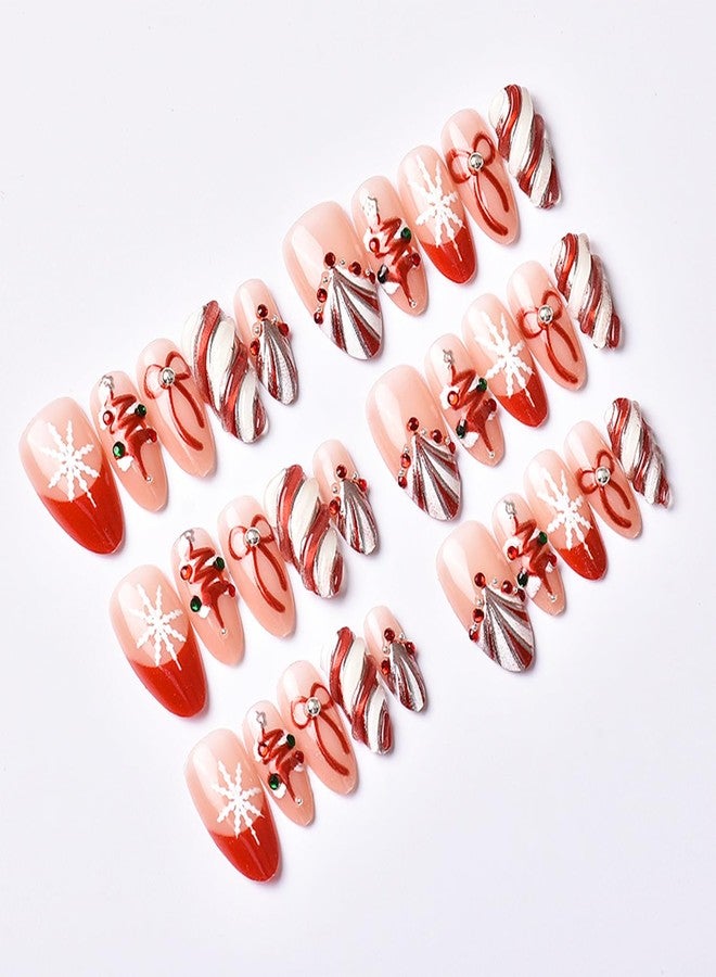 FDSQHSA 30pcs Christmas Press on Nails Medium Almond Fake Nails with 3D Christmas Tree Bow Stripe French Tip Pearl Rhinestones Design Winter White Snowflakes False Nail Xmas Full Cover Glue on Nails for Women - Image 3