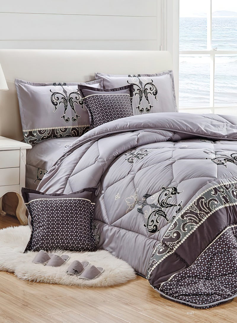 Moon Bed In A Bag Medium Filling King Size Comforter Set, 10 Pcs Floral Bedding Set Size 220 X 240 Cm with Comforter, Quilted Bed Skirt, Pillowcases, Cushion & Bedroom Slipper, Multicolor  - Image 1