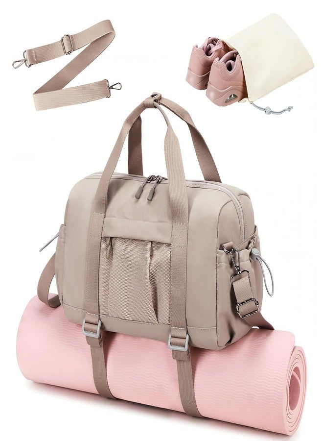 LEDAOU Small Gym Bag for Women, Mini Duffle Bag with Yoga Mat Holder Lightweight Carry On Sports Bag with Separate Shoe Pocket & Wet Pocket Duffel Bags Dance Yoga Workout Bag, Camel, Small 14 inch - Image 1