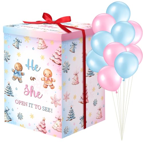 Hungdao Gender Reveal Balloon Box with Ribbon and 10 Pink and Blue Balloons Gender Reveal Games He or She Open to See for Party Decoration 12x12x16 Gingerbread and Trees - Image 1