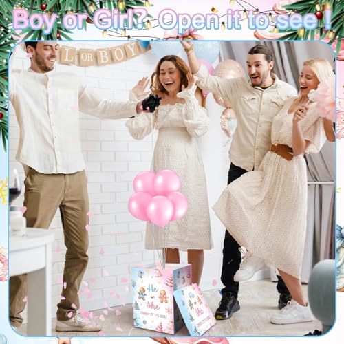 Hungdao Gender Reveal Balloon Box with Ribbon and 10 Pink and Blue Balloons Gender Reveal Games He or She Open to See for Party Decoration 12x12x16 Gingerbread and Trees - Image 5
