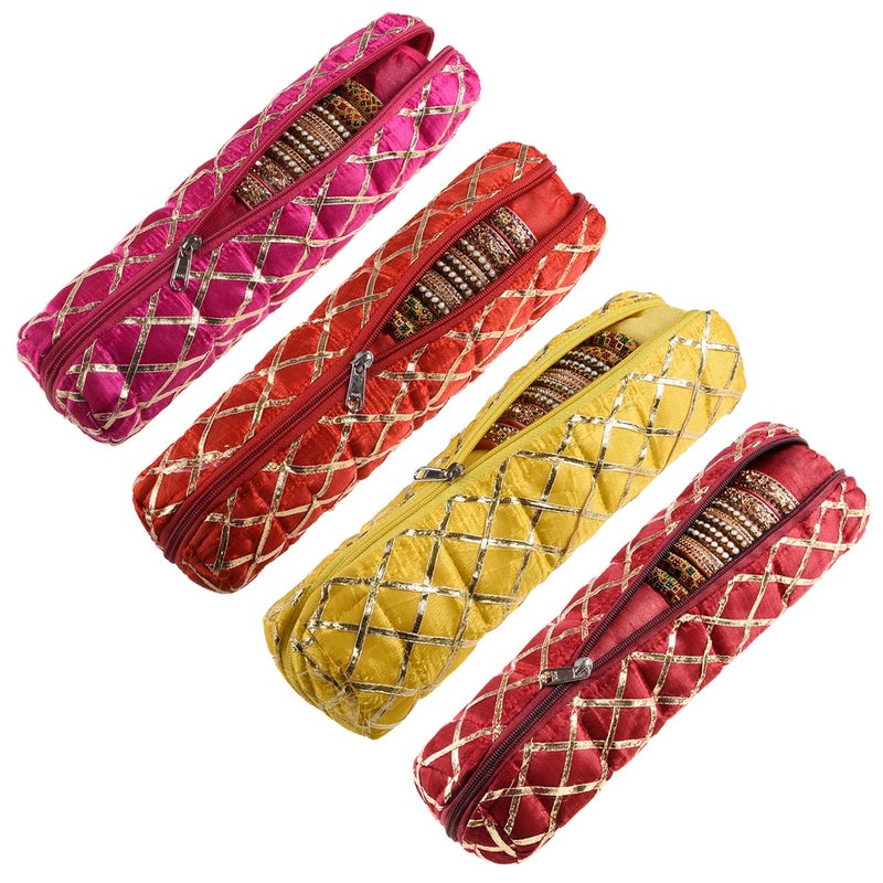 Kuber Industries Kuber Industries Single Rod Bangle Box | Polyester Gota Check Design Watch Organizer | Travelling Bracelets Organizer with Zipper | Pack of 4 | Multicolor 