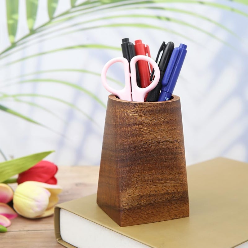 Winterworm Wooden Pencil Holder Walnut Wood Pen Container Pencil Holder Pen Cup Makeup Brush Holder Desk Accessories for Home School Office Organizer Desktop Bookshelf Decoration Round - Image 3