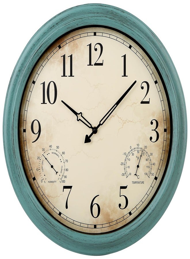 Yumt 18 Inch Wall Clock, Retro Outdoor Clock Non-Ticking Waterproof Indoor Outdoor Clock with Thermometer, Green - Image 1
