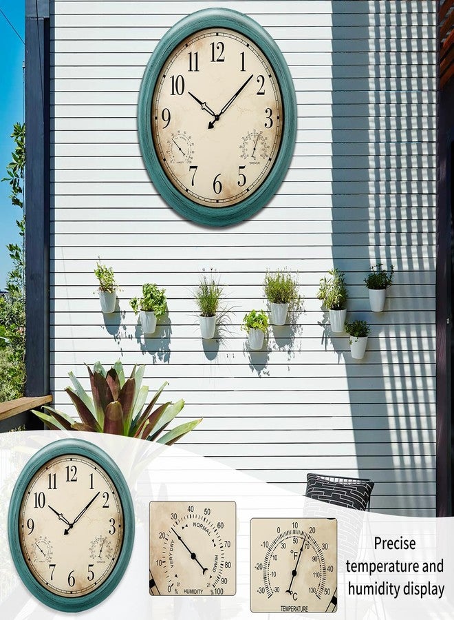 Yumt 18 Inch Wall Clock, Retro Outdoor Clock Non-Ticking Waterproof Indoor Outdoor Clock with Thermometer, Green - Image 2