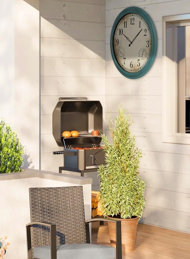 Yumt 18 Inch Wall Clock, Retro Outdoor Clock Non-Ticking Waterproof Indoor Outdoor Clock with Thermometer, Green - Image 3