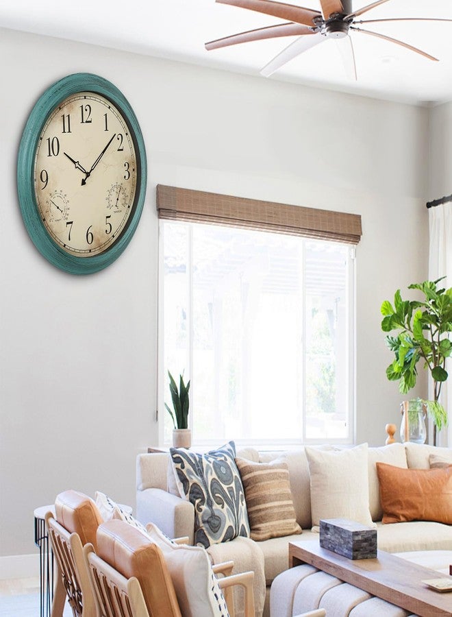 Yumt 18 Inch Wall Clock, Retro Outdoor Clock Non-Ticking Waterproof Indoor Outdoor Clock with Thermometer, Green - Image 5