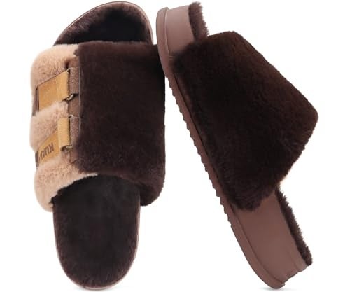 KuaiLu Womens Fuzzy Platform Open Toe Slippers with Arch Support Fluffy Furry Slides Orthotic Faux Fur Sandals Indoor Outdoor Brown Size 8 - Image 3