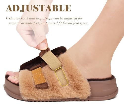 KuaiLu Womens Fuzzy Platform Open Toe Slippers with Arch Support Fluffy Furry Slides Orthotic Faux Fur Sandals Indoor Outdoor Brown Size 8 - Image 4