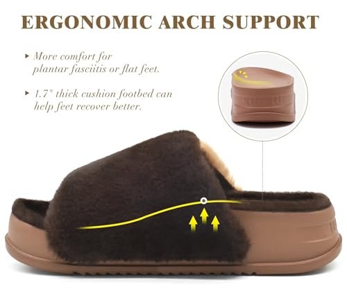 KuaiLu Womens Fuzzy Platform Open Toe Slippers with Arch Support Fluffy Furry Slides Orthotic Faux Fur Sandals Indoor Outdoor Brown Size 8 - Image 5