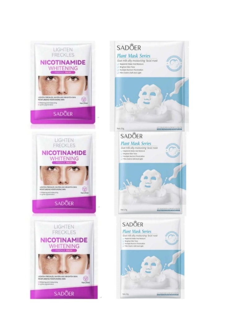 SADOER 6 Packs Goat Milk Silky Moisturizing Facial Sheet Mask Premium Essence Moisturizing Anti-Freckles Whitening   Moisturizing Facial  Mask  - Image 1