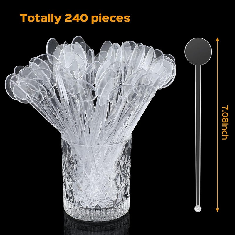 Marsui 240 Pieces 7 Inch Swizzle Sticks for Cocktail Coffee Drink Stirrers Cocktail Stirrers Disposable Stirring Sticks Plastic Disc Top for Mixing Coffee Whiskey Beverage (Clear) - Image 3