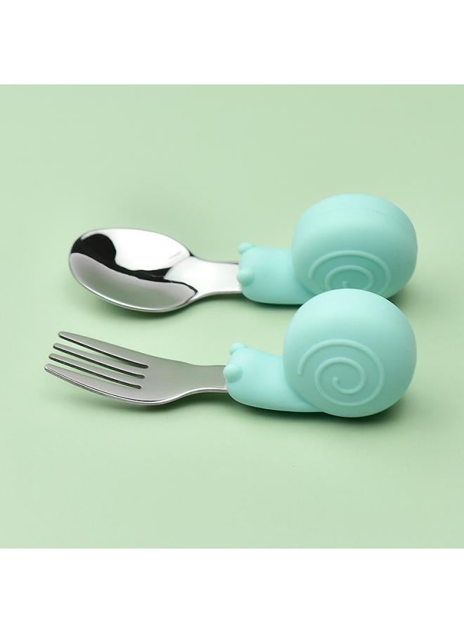 Hippo Baby Baby Learning To Eat Training Fork Spoon Short Handle Stainless Steel Tableware Children's Silicone Complementary Food Complementary Food Fork Spoon 