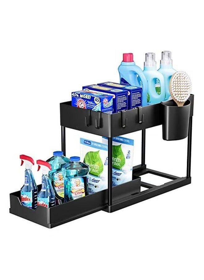 Captaintech - Double Layer Pull-out Storage Rack for Sink, 2 Tier Multi-purpose Kitchen Under the Sink Organizer Under Bathroom Sink Shelf Storage Rack for Countertop Laundry -Black - Image 1