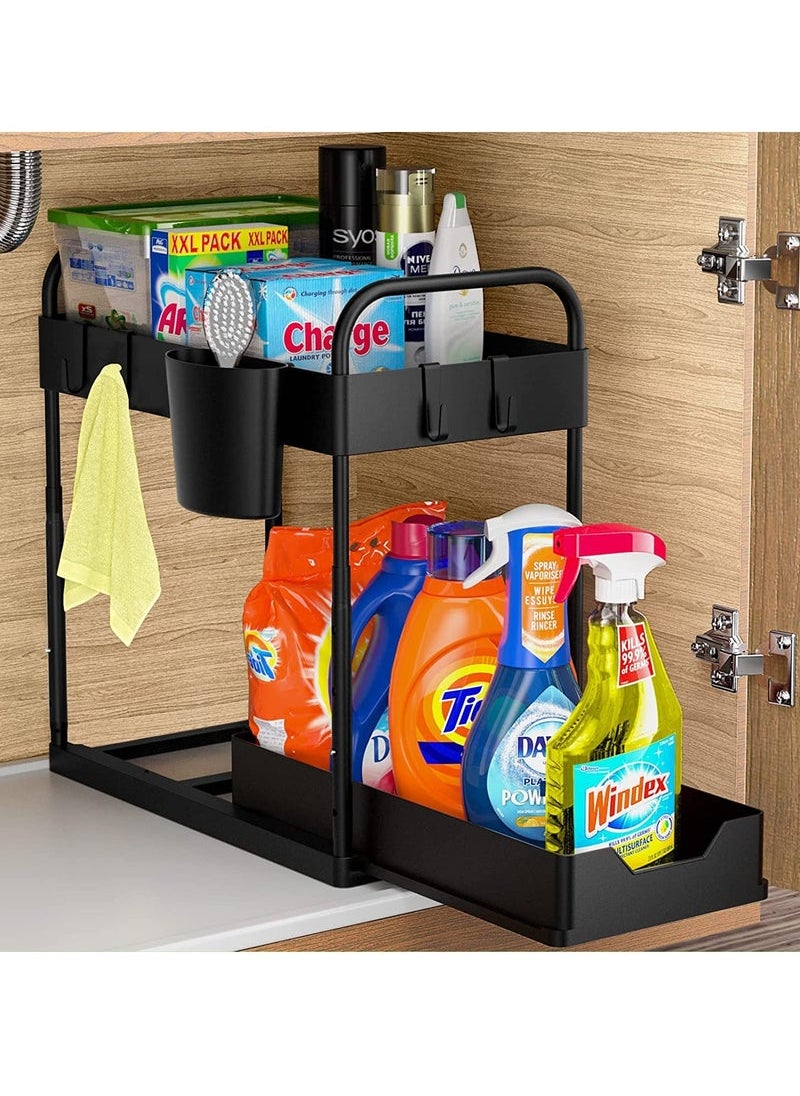 Captaintech - Double Layer Pull-out Storage Rack for Sink, 2 Tier Multi-purpose Kitchen Under the Sink Organizer Under Bathroom Sink Shelf Storage Rack for Countertop Laundry -Black - Image 1