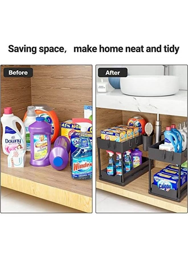 Captaintech - Double Layer Pull-out Storage Rack for Sink, 2 Tier Multi-purpose Kitchen Under the Sink Organizer Under Bathroom Sink Shelf Storage Rack for Countertop Laundry -Black - Image 1