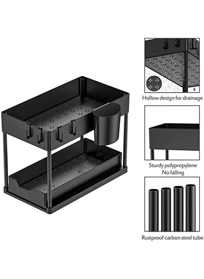 Captaintech - Double Layer Pull-out Storage Rack for Sink, 2 Tier Multi-purpose Kitchen Under the Sink Organizer Under Bathroom Sink Shelf Storage Rack for Countertop Laundry -Black - Image 1