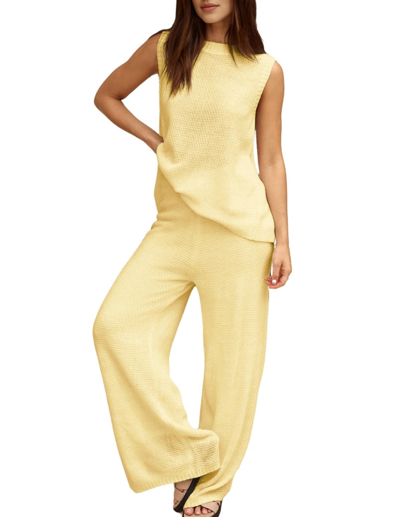 PUWEI Women's 2 Piece Lounge Set Bow Sweater Vest Wide Leg Pants Summer Matching Sets Travel Outfits Knit Tracksuit Sweatsuits (Yellow-XS) - Image 1