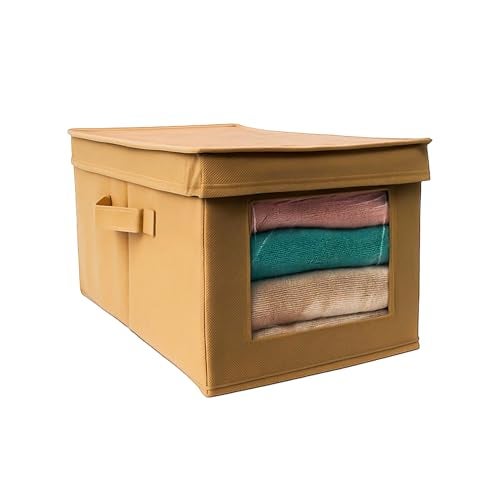 Prime Pick Smart Fold Storage Box Foldable Cloth Organizer Bamboo Lid Breathable Washable Wardrobe Drawer Closet Clothes Storage Bin Easy Carry Home Organizer Beige - Image 1