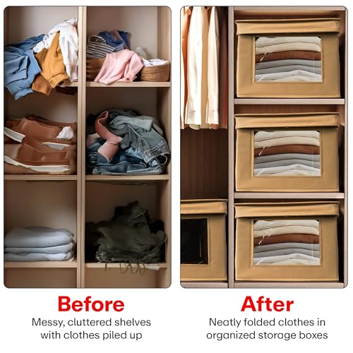 Prime Pick Smart Fold Storage Box Foldable Cloth Organizer Bamboo Lid Breathable Washable Wardrobe Drawer Closet Clothes Storage Bin Easy Carry Home Organizer Beige - Image 5