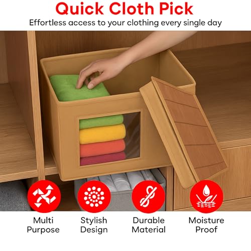 Prime Pick Smart Fold Storage Box Foldable Cloth Organizer Bamboo Lid Breathable Washable Wardrobe Drawer Closet Clothes Storage Bin Easy Carry Home Organizer Beige - Image 4