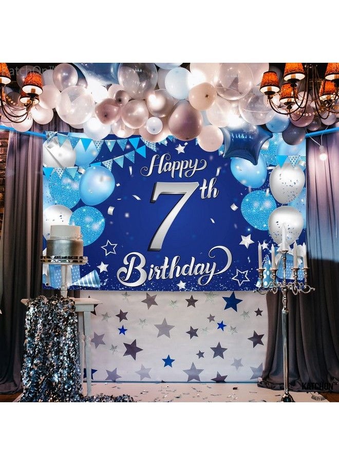 KATCHON - Blue Happy 7Th Birthday Banner Xtralarge 72X44 Inch ; 7Th Happy Birthday Banner ; Blue And Silver 7Th Birthday Backdrop For 7Th Birthday Party Decorations ; Blue 7Th Birthday Decorations - Image 1