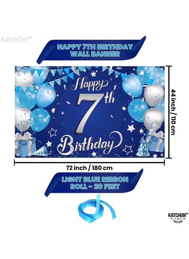 KATCHON - Blue Happy 7Th Birthday Banner Xtralarge 72X44 Inch ; 7Th Happy Birthday Banner ; Blue And Silver 7Th Birthday Backdrop For 7Th Birthday Party Decorations ; Blue 7Th Birthday Decorations - Image 1