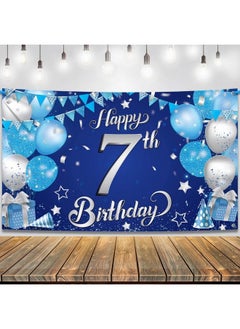 Blue Happy 7Th Birthday Banner Xtralarge 72X44 Inch ; 7Th Happy Birthday Banner ; Blue And Silver 7Th Birthday Backdrop For 7Th Birthday Party Decorations ; Blue 7Th Birthday Decorations