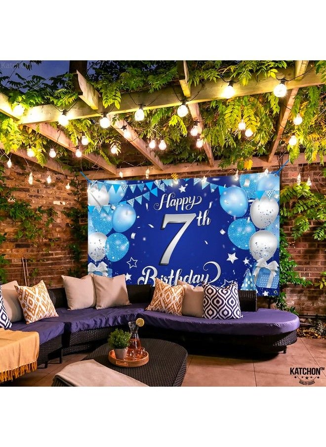 KATCHON - Blue Happy 7Th Birthday Banner Xtralarge 72X44 Inch ; 7Th Happy Birthday Banner ; Blue And Silver 7Th Birthday Backdrop For 7Th Birthday Party Decorations ; Blue 7Th Birthday Decorations - Image 1