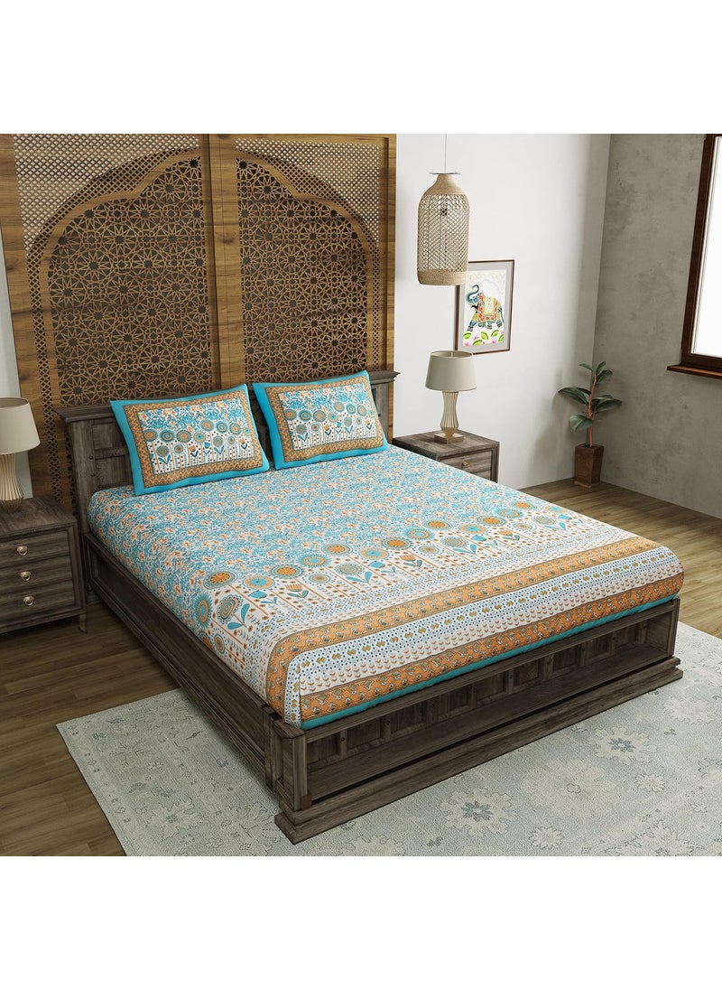 BLOCKS OF INDIA BLOCKS OF INDIA Cotton Elasticated Fitted Bedsheet King Size 72 x 78 Blue Ikat 