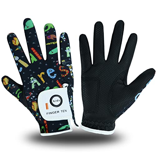 FINGER TEN Golf Gloves for Kids Boys Girls Both Left Right Hand Value 1 Pair, Toddler Junior Youth Golf Glove White Green Black (Dark Blue&Black, Large) - Image 1