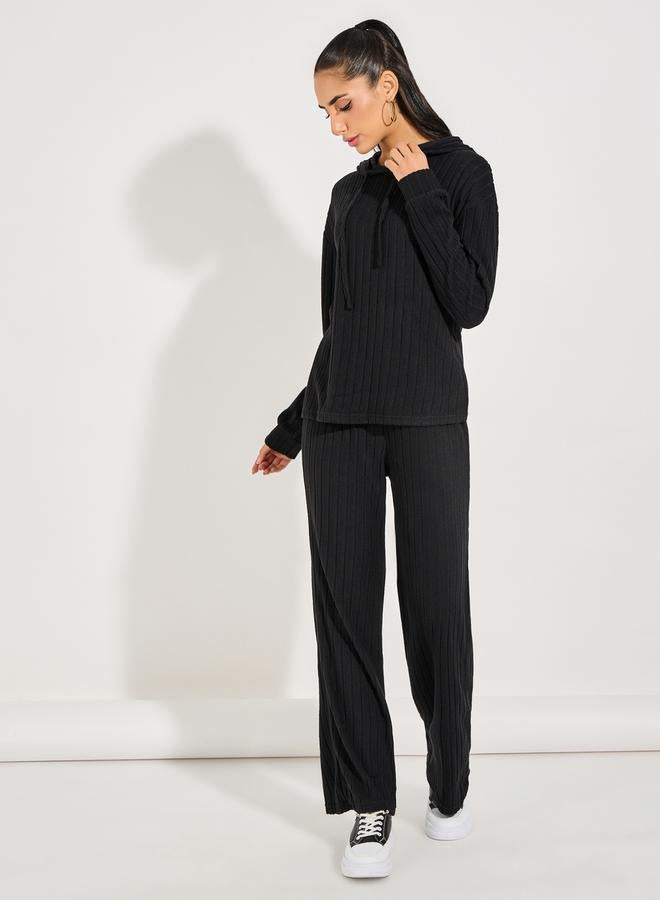 Styli Rib Knit Hooded Top & Wide Leg Pants Co-Ords  - Image 1