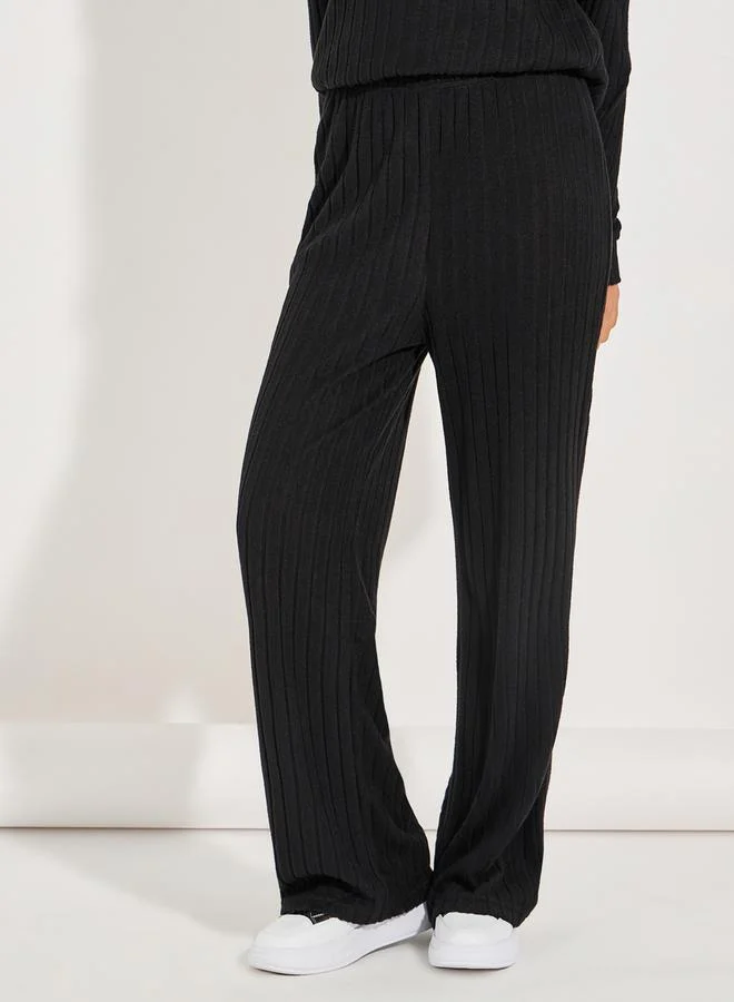 Styli Rib Knit Hooded Top & Wide Leg Pants Co-Ords