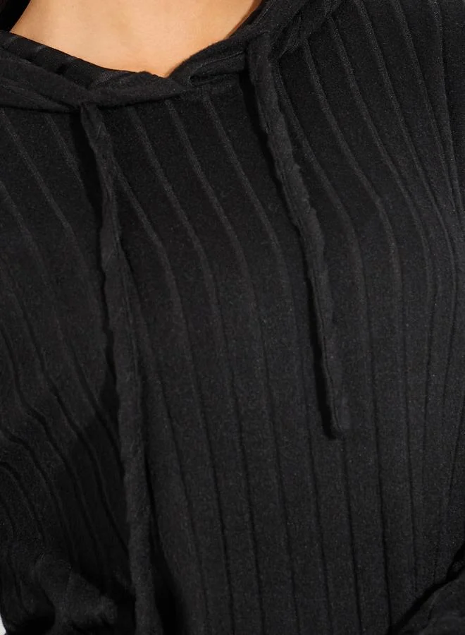 Styli Rib Knit Hooded Top & Wide Leg Pants Co-Ords