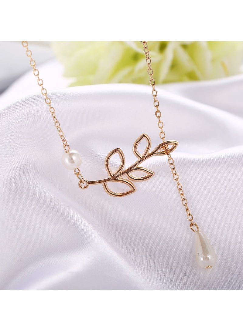 هويتك قلادة أنيقة من اللؤلؤ على شكل ورقة شجر باللون الذهبي للنساء - Image 4