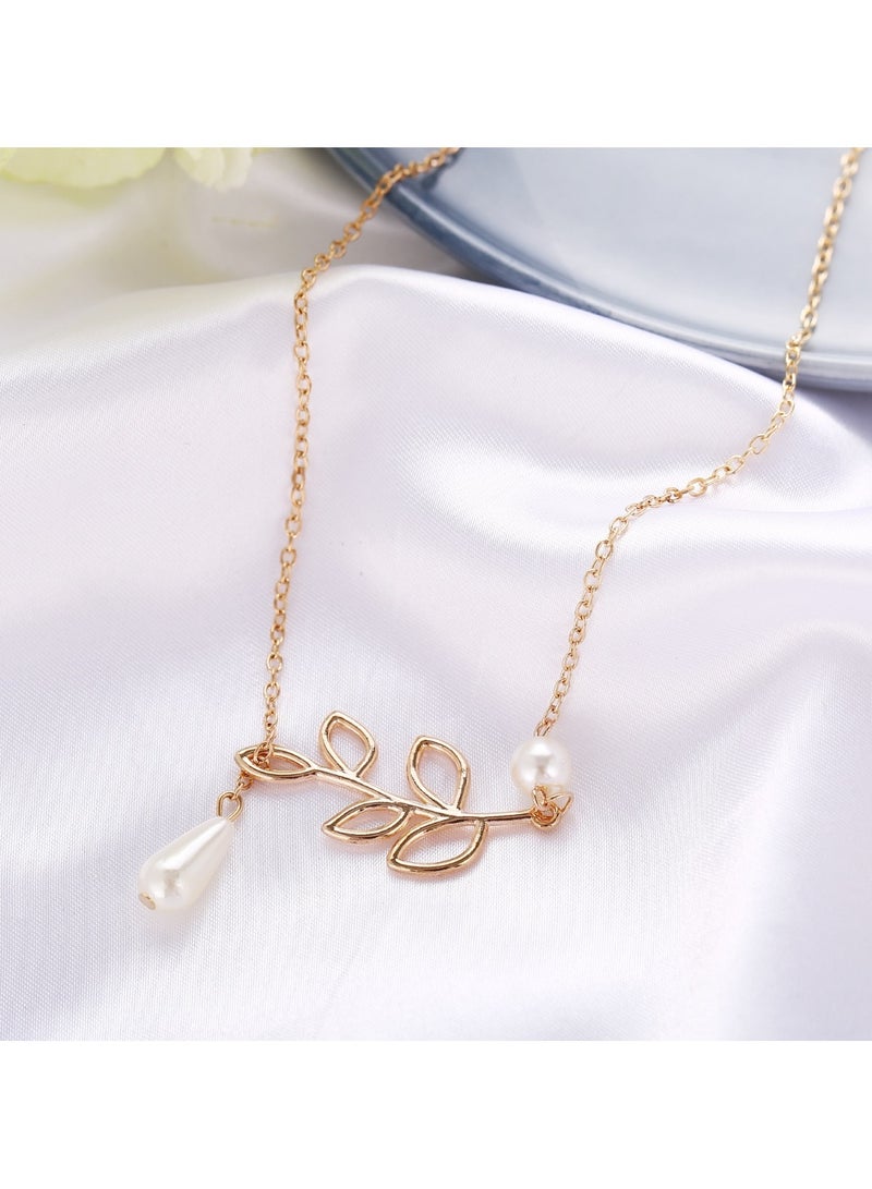 هويتك قلادة أنيقة من اللؤلؤ على شكل ورقة شجر باللون الذهبي للنساء - Image 3