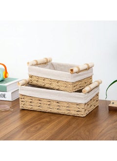 Cozy Nest 2-Pack Rectangular Woven Storage Baskets Fabric Wrapped & Washable Liner Paper Rope Woven Design Stylish Bathroom Cosmetic & Shelf Organizers  - Image 4