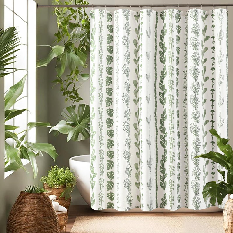 Lino Rosa Sage Green Boho Shower Curtain,Modern White Light Green Neutral Farmhouse Waterproof Fabric Shower Curtains for Bathroom,Unique Decorative Tropical Spa Botanical Nature Plant Floral Eucalyptus Decor - Image 1