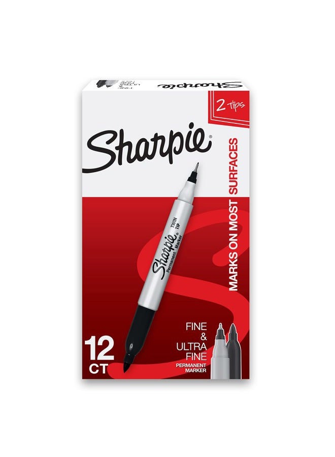 Sharpie Twin Tip Permanent Markers, Fine and Ultra Fine, Black, 12 Count - Image 1